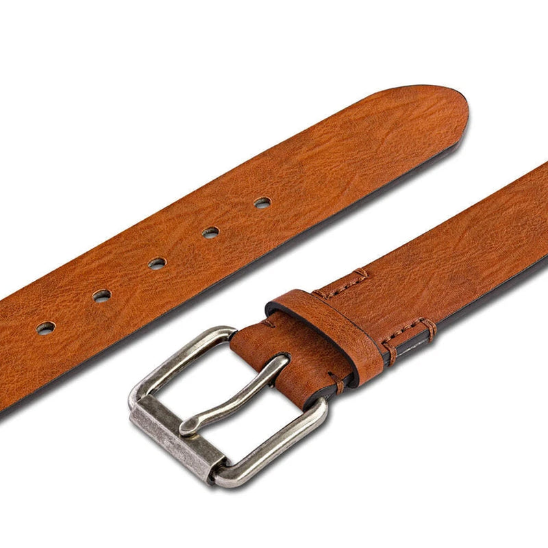 GIORGIO BRUTINI RUGGED LEATHER CASUAL BELT, SIZE M - COGNAC BROWN/BRUSHED NICKLE - Brand New