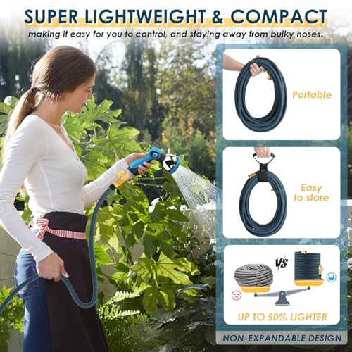 DOKOCCY GARDEN HOSE 50 FT KINK FREE WATER 10 SPRAY NOZZLE BRASS ALLOY - BLUE - Like New