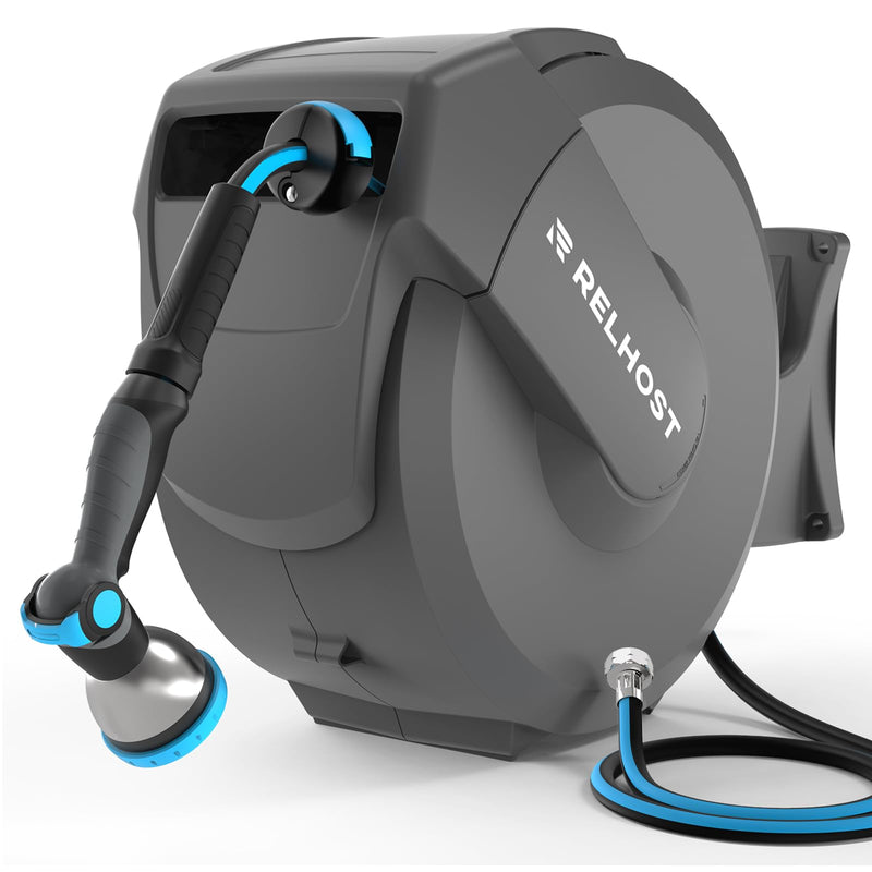 RELHOST RETRACTABLE GARDEN HOSE REEL 65 FT X 1/ 2 IN DARK GRAY - Like New