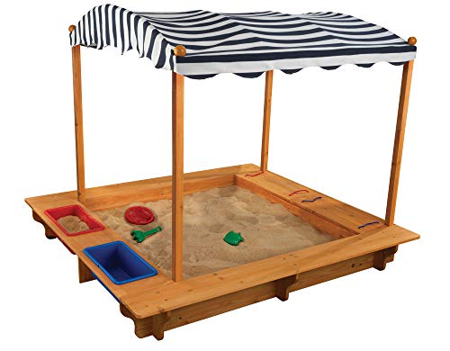 KidKraft Outdoor Covered Wooden Sandbox with Bins and Striped Canvas C ...