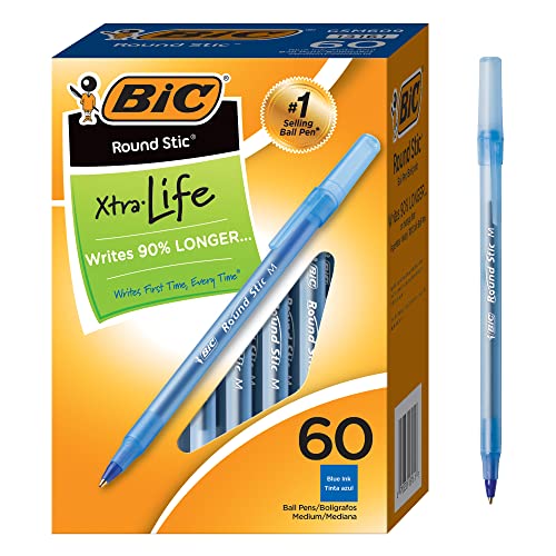 BIC ROUND STIC XTRA LIFE BALLPOINT PEN WITH 1.0 MM MEDIUM POINT 60-COUNT - BLUE - Like New
