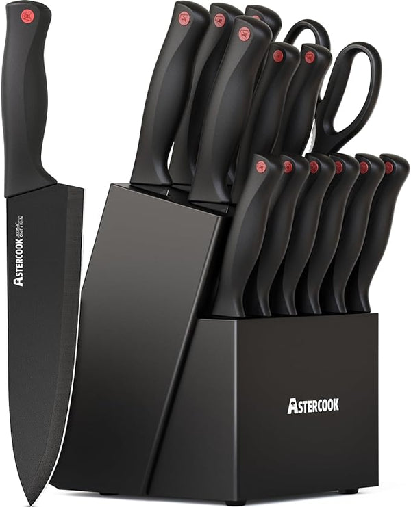 Astercook 15 Piece Knife Set Sharpener Block German Stainless Steel - BLACK - Like New