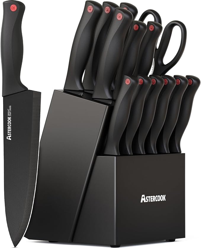 Astercook 15 Piece Knife Set Sharpener Block German Stainless Steel - BLACK - Like New