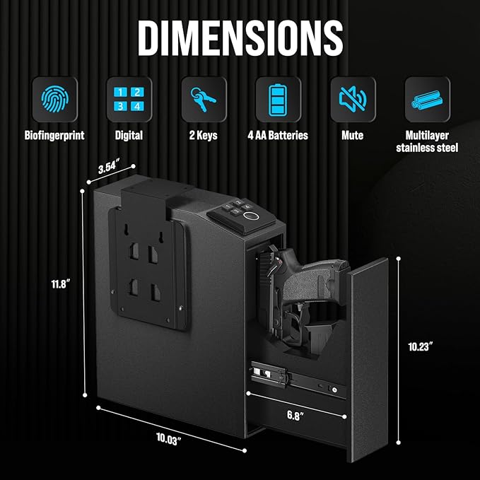 CLUTTO Biometric Slider Gun Safe Handgun Fingerprint/PIN Code/Key - Black Like New