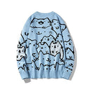 N&D Men's Oversized Cat Sweaters Crewneck Long Sleeve Cotton Cute Blue M - Like New