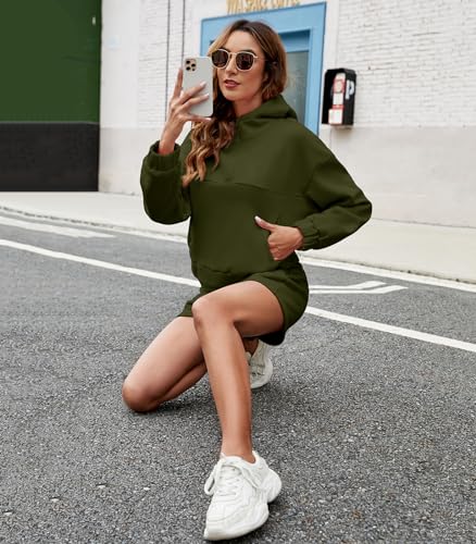 Womens 2 Piece Sweatsuit Outfits Half Zip Hoodie Sweat Shorts Pockets Luge Green - Brand New