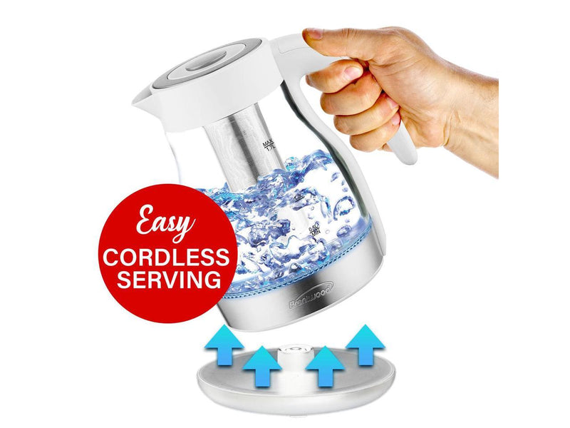 Brentwood KT-1962W 1.7L Cordless Electric Glass Tea Kettle Pot with Tea Infuser
