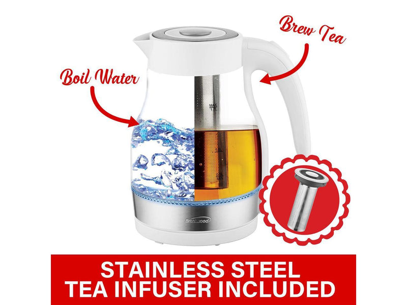 Brentwood KT-1962W 1.7L Cordless Electric Glass Tea Kettle Pot with Tea Infuser