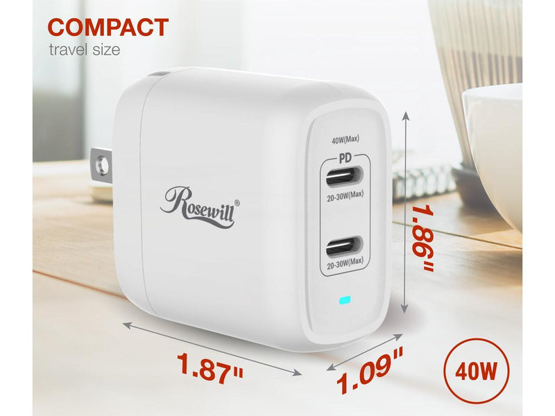 Rosewill 40W Two-Port GaN Wall Charger with 2 USB-C Ports (20W), Up to 30W