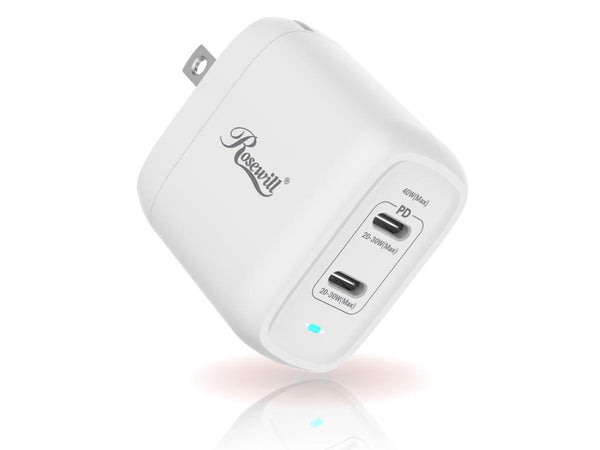 Rosewill 40W Two-Port GaN Wall Charger with 2 USB-C Ports (20W), Up to 30W