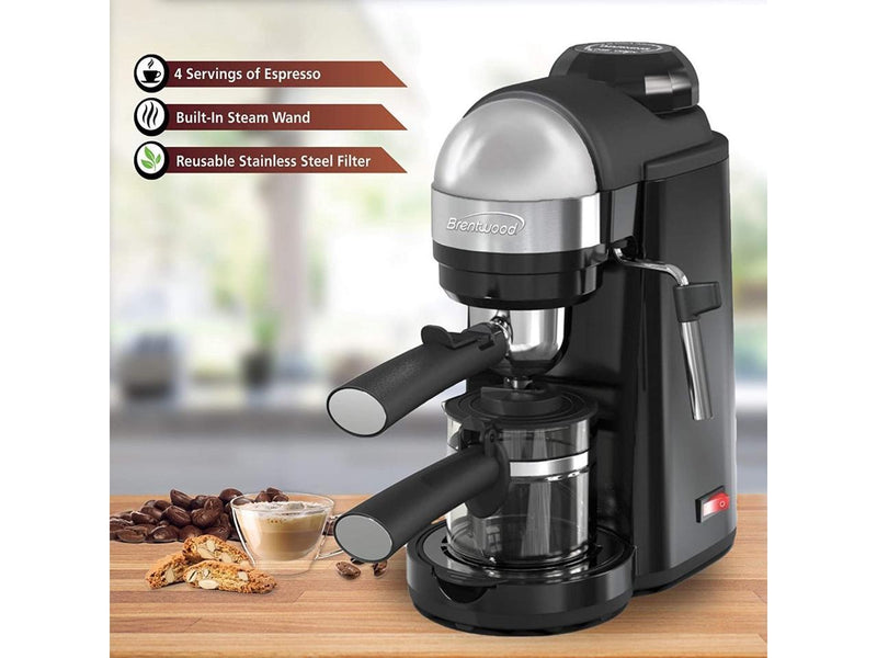 Brentwood 800 Watt Cappuccino Brewer and Espresso Maker w/ Frothing Wand,  Black
