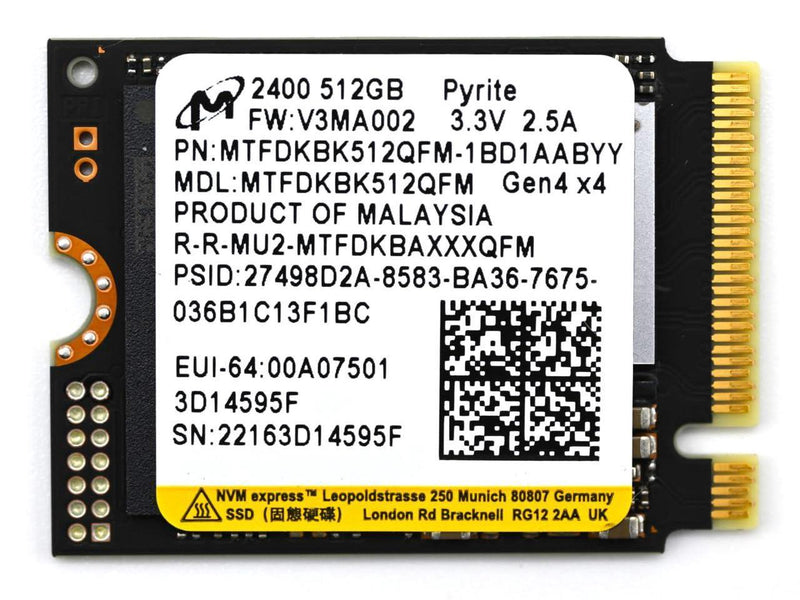 512GB Micron 2400 M.2 2230 NVMe PCIe 4.0x4 SSD MTFDKBK512QFM-1BD1AABYYR