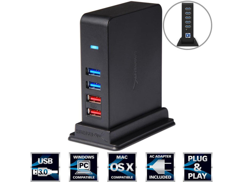 SABRENT 7 Port USB 3.0 HUB + 2 Charging Ports with 12V/4A Power Adapter [Black]