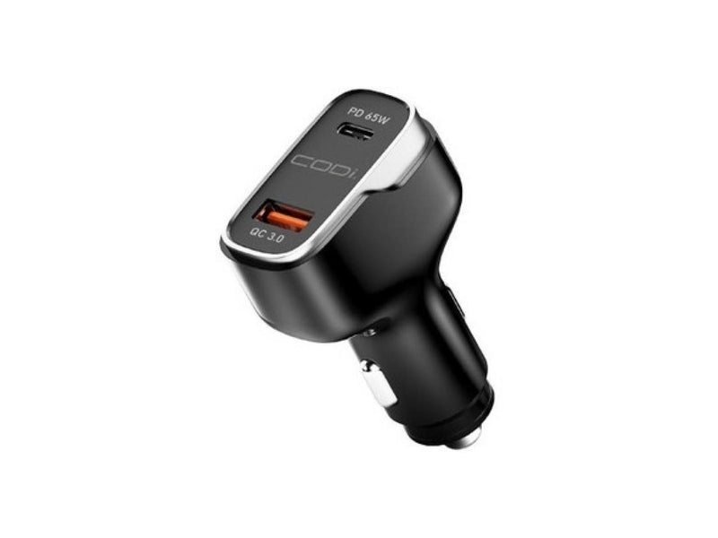 Codi A01111 Black/Silver 65W Dual Port Car Charger, USB-C & USB-A Outputs