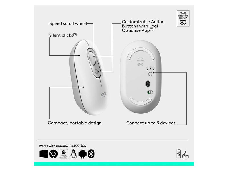 Logitech POP Mouse - Wireless - 32.81 ft - Bluetooth - Off White - Scroll Wheel