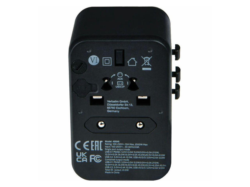 Verbatim UTA-04 Universal Travel Adapter 61W - USB -C, USB-A - 61 W - 120 V AC,