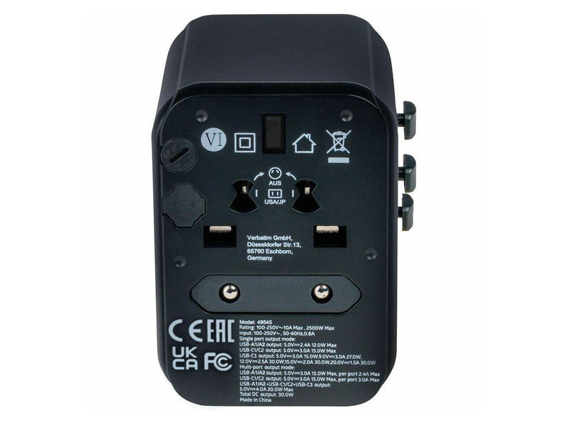 Verbatim UTA-03 Universal Travel Adapter 30W - USB -C, USB-A - 120 V AC, 230 V