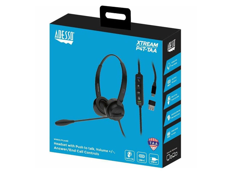 Adesso Xtream P4-TAA Over-the-ear Headset with Push to talk, Black