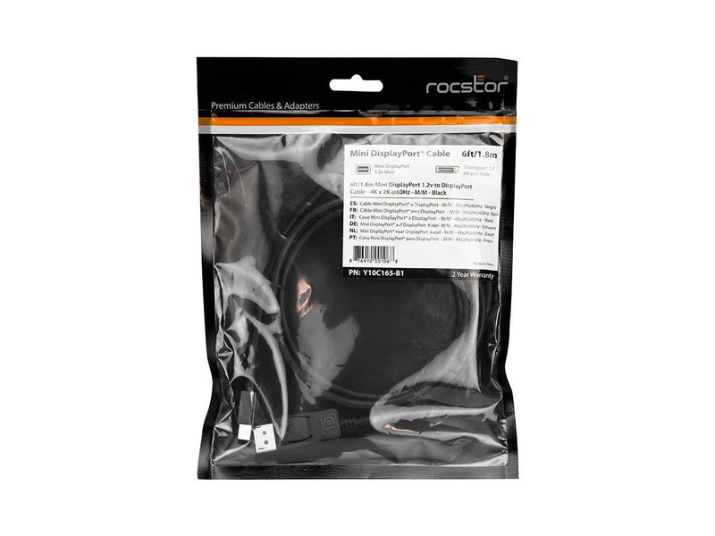 Rocstor Y10C165-B1 6Ft Mini DisplayPort Male to DisplayPort 1.2 Male Cable M/M -