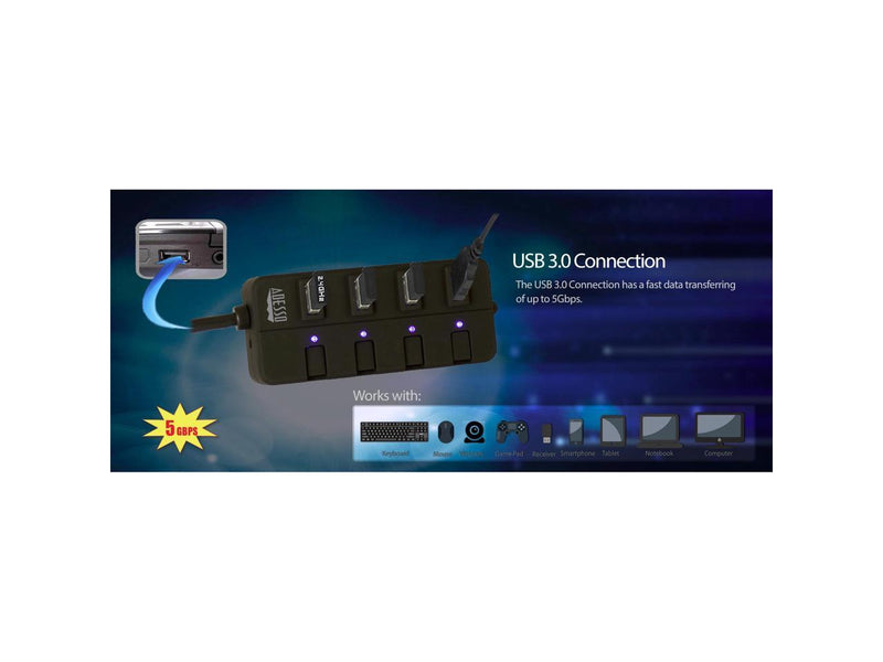 Adesso AUH-3040 4 Port USB 3.0 Hub with Individual Power Switch