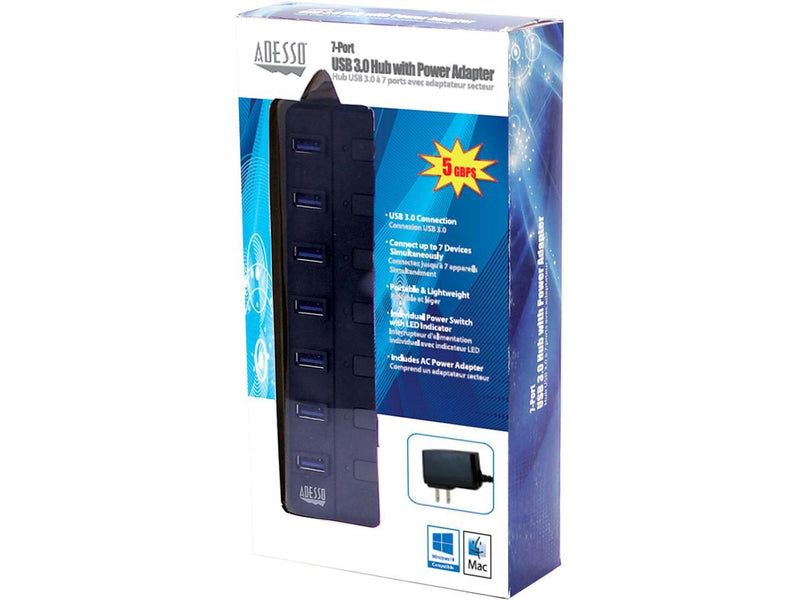 Adesso AUH-3070P 7-Port USB 3.0 Hub with Individual Power Switch & Power Adapter