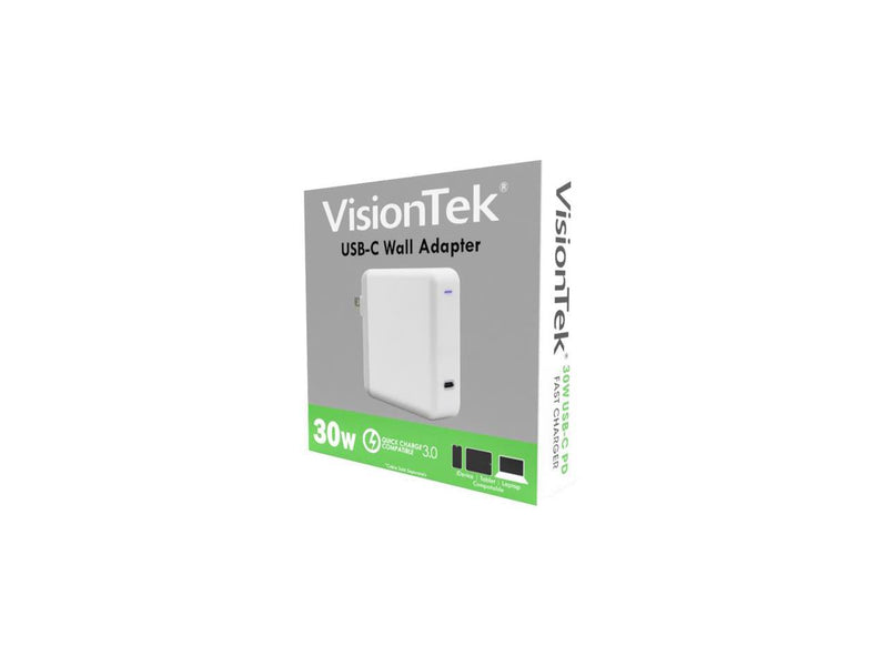 VisionTek USB C 30W Quick Charge Plug - 120 V AC, 230 V AC Input - 3.6 V DC/3 A,