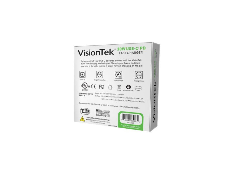 VisionTek USB C 30W Quick Charge Plug - 120 V AC, 230 V AC Input - 3.6 V DC/3 A,