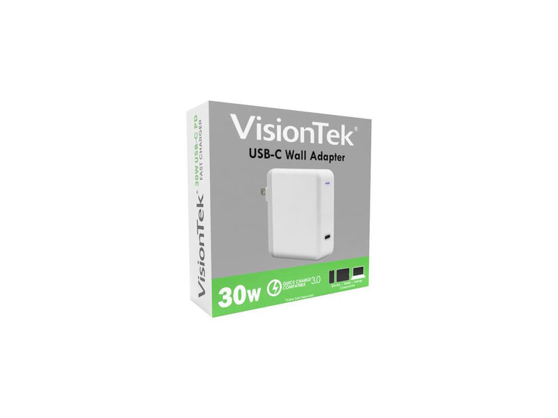 VisionTek USB C 30W Quick Charge Plug - 120 V AC, 230 V AC Input - 3.6 V DC/3 A,