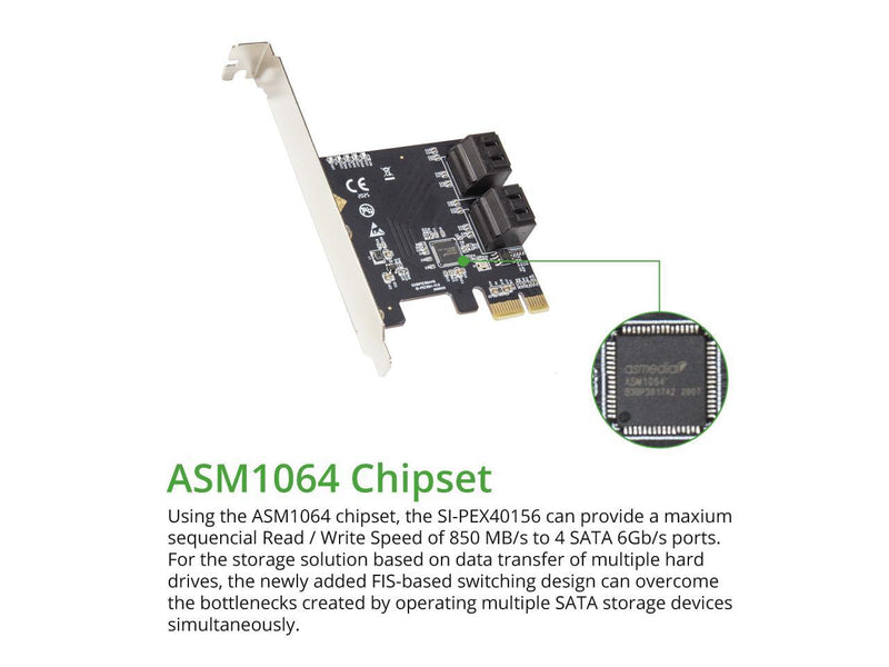 IO CREST 4 Port SATA III PCI-e 3.0 x1 Expansion Card Non-Raid with Low