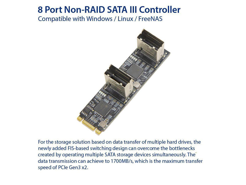 Syba 8 port Non-RAID SATA III 6Gbp/s to M.2 B+M Key Adapter PCI-e 3.0 x2