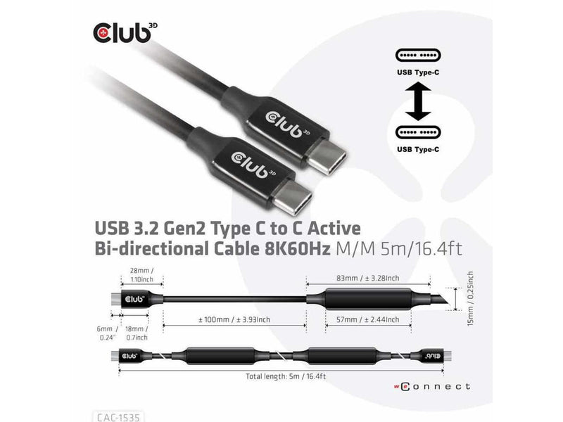 Club3D USB-C 3.2 Gen2 to USB-C Active Bi-directional Cable 8K60Hz Male/Male