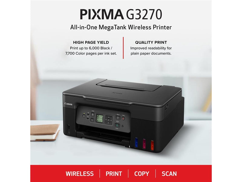 Canon PIXMA G3270 MegaTank All-in-One Wireless Inkjet Color Printer (Black)