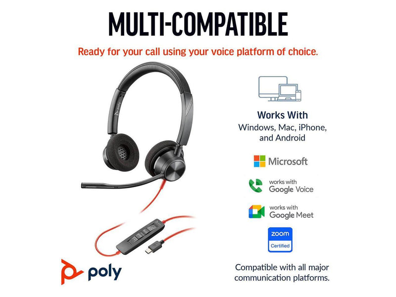 Poly Blackwire 3320 Stereo USB-C Headset +USB-C/A Adapter - Stereo - USB Type C,
