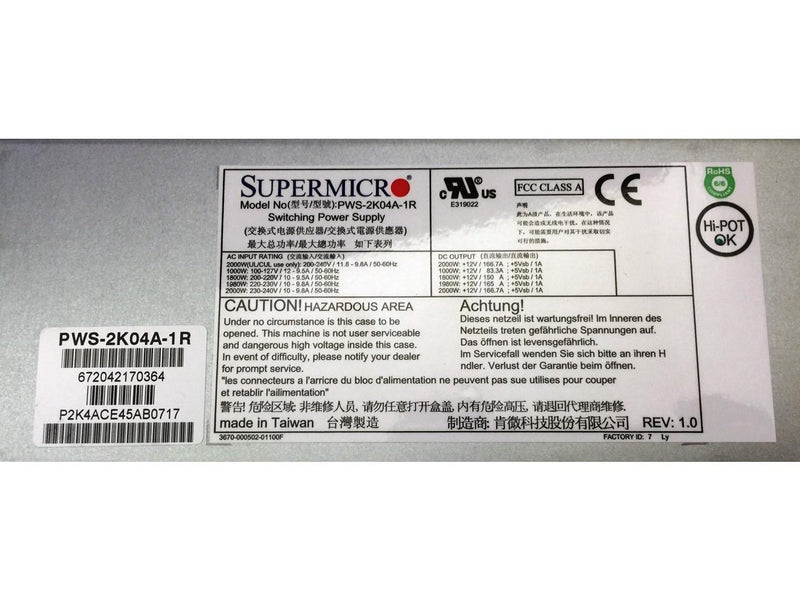 Supermicro PWS-2K04A-1R Power Supply - AC-DC 2000W, Titanium Level, Redundancy,