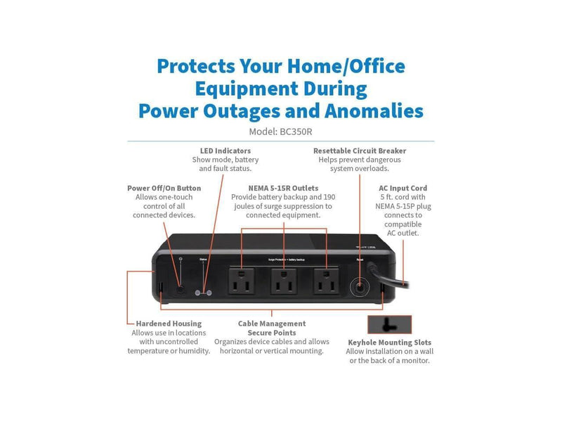 Tripp Lite 350VA 210W 120V Standby UPS 3 Outlets Surge + Battery Backup BC350R
