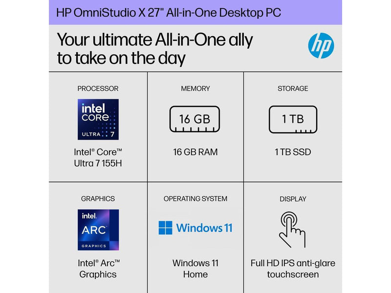 HP OmniStudio X 27" Touchscreen AiO Computer U7-155H 16GB 1TB SSD W11H