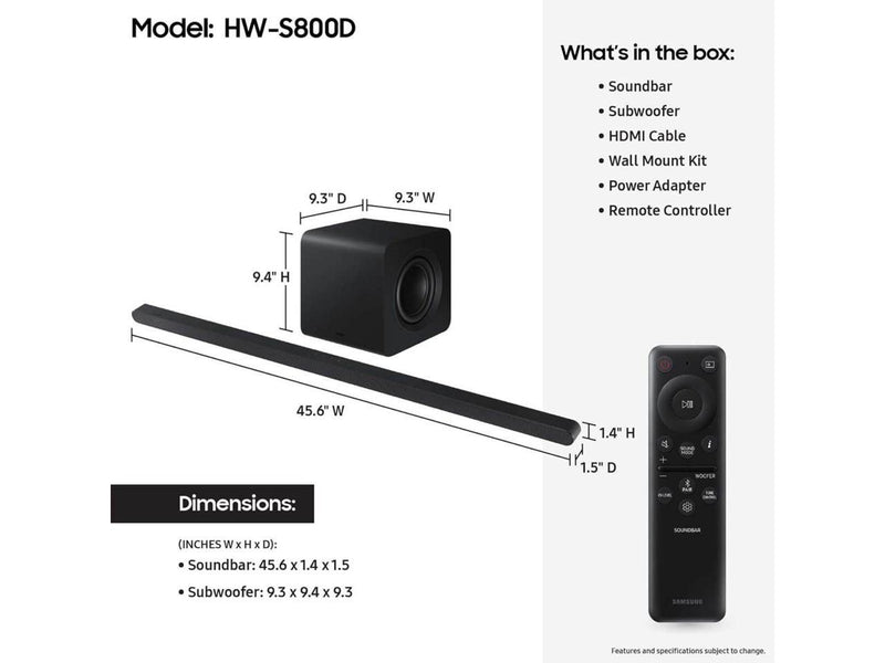 SAMSUNG S800D 3.1.2ch Soundbar w/Wireless Dolby Atmos Audio, Ultra Slim Design,