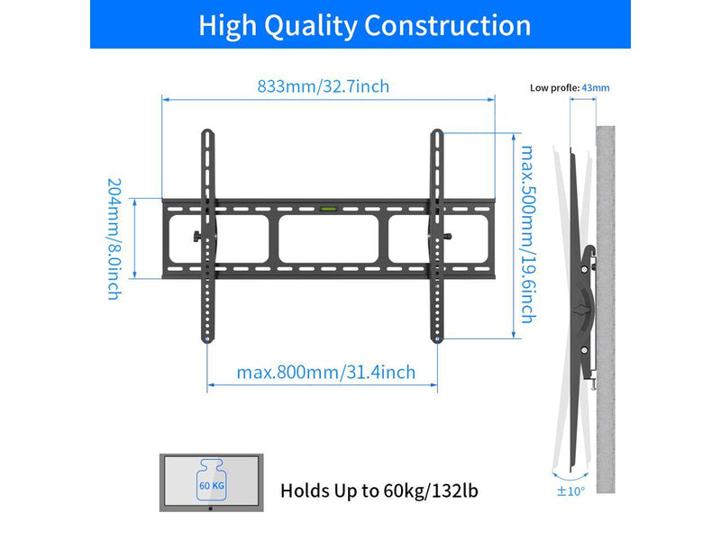 Heavy Duty Low Profile Tilting Flat Panel Wall Mount, Max Panel Weight 60kg