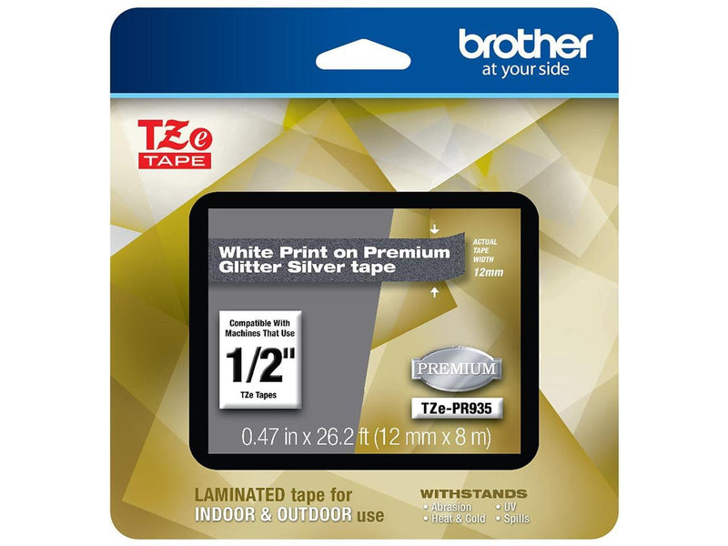 Brother TZePR935 White Print on Premium Glitter Silver Laminated Tape for