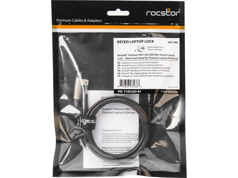 Rocbolt R20 Slim Laptop Security Cable w/ Key Lock & 2 Keys 10mm Lock Head
