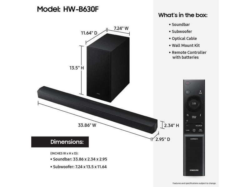 Samsung B-Series Soundbar HW-B630F 3.1 ch DTS Virtual:X Soundbar with Subwoofer