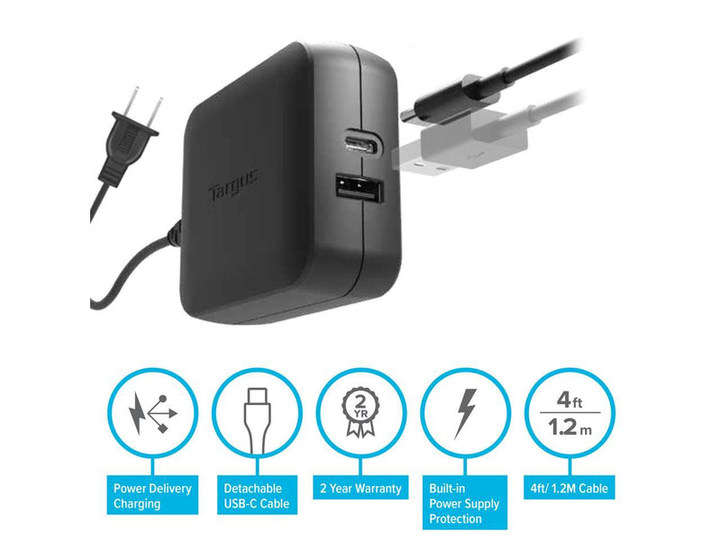Targus 65W USB-C/USB-A Charger - 65 W - 120 V AC, 230 V AC Input - 5 V DC/3 A, 9