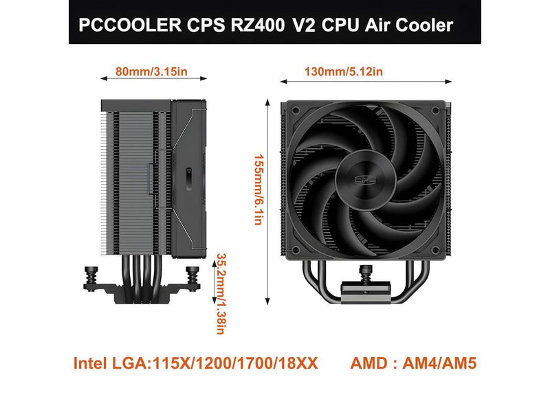 PCCOOLER CPS RZ400 V2 CPU Air Cooler, 4 Direct Contact Heat Pipes, 240W TDP,