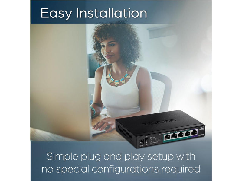 TRENDnet 5-Port Unmanaged 2.5G PoE+ Switch, Fanless, Compact Desktop Design,