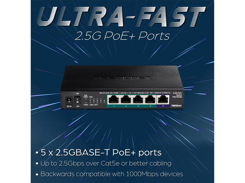 TRENDnet 5-Port Unmanaged 2.5G PoE+ Switch, Fanless, Compact Desktop Design,