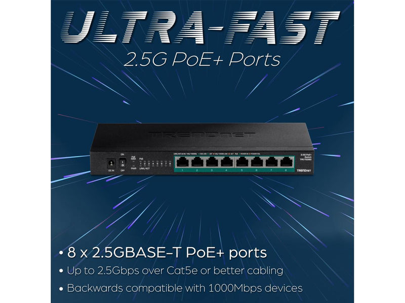 TRENDnet 8-Port Unmanaged 2.5G PoE+ Switch, Fanless, Compact Desktop Design,