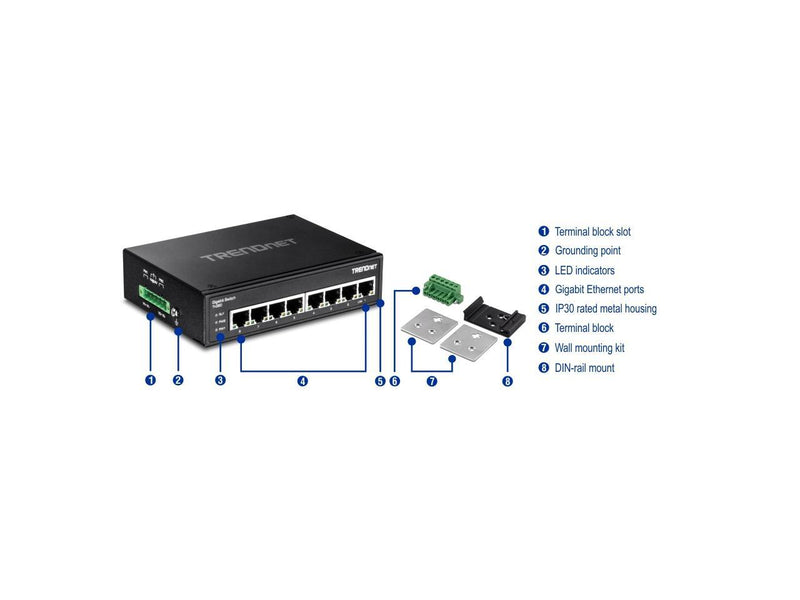 TRENDnet 8-Port Hardened Industrial Gigabit DIN-Rail Switch, 16 Gbps Switching