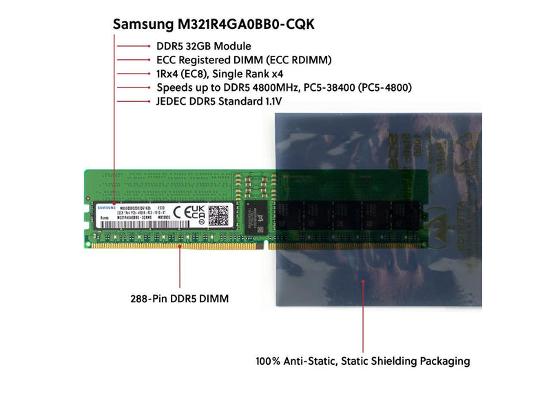 Samsung M321R4GA0BB0-CQK 32GB DDR5-4800 REG EC8 RDIMM PC5-38400R ECC Registered