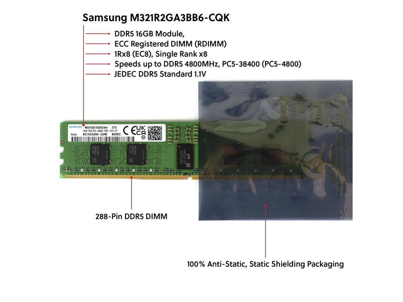 Samsung M321R2GA3BB6-CQK 16GB DDR5-4800 REG EC8 RDIMM PC5-38400R ECC Registered