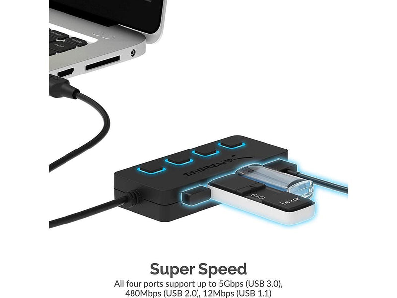 SABRENT 4-Port USB 3.0 Hub with Individual LED Lit Power Switches, Includes